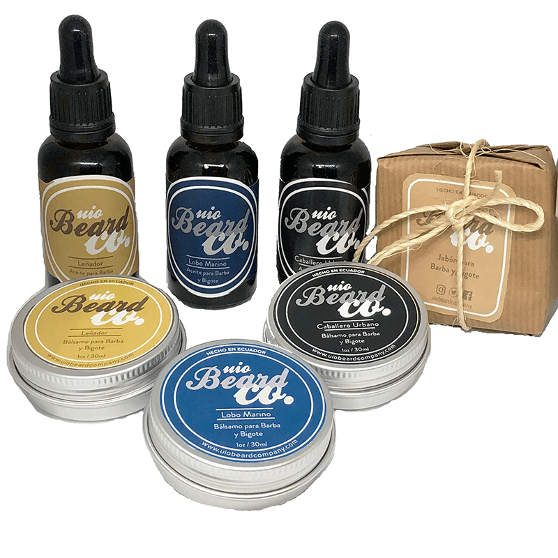 Kit completo para cuidado de la barba. Incluye aceites, bálsamos y jabón para la barba